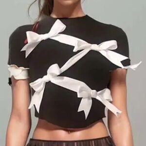 Black T-Shirt with White Ribbon Bows